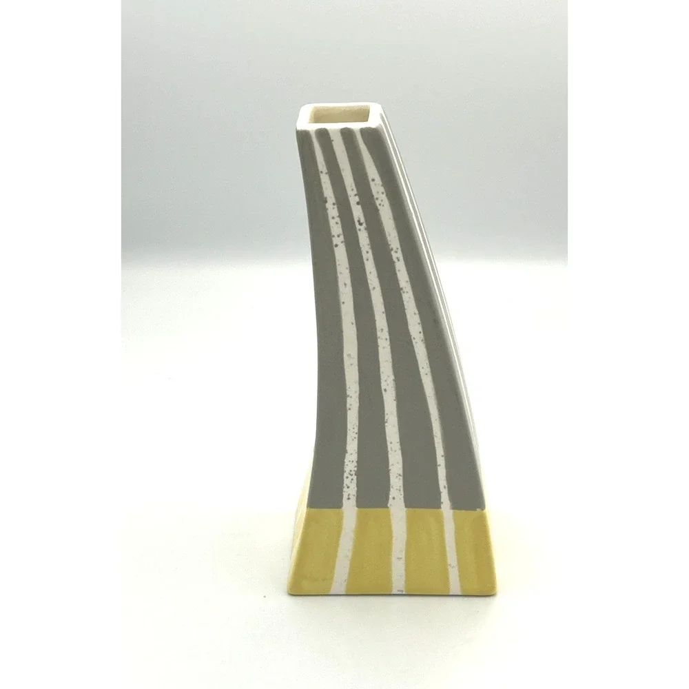 Ceramic Vase Abstract‎ Striped Yellow White & Gray Made in Vietnam #18431 Modern
